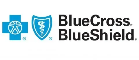 A blue cross blue shield logo with a cross , shield , and caduceus.