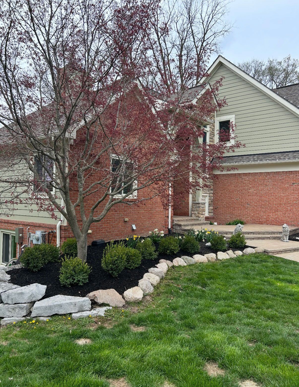 House with brick and green siding, red-leafed tree, stone border, and mulch flowerbed.