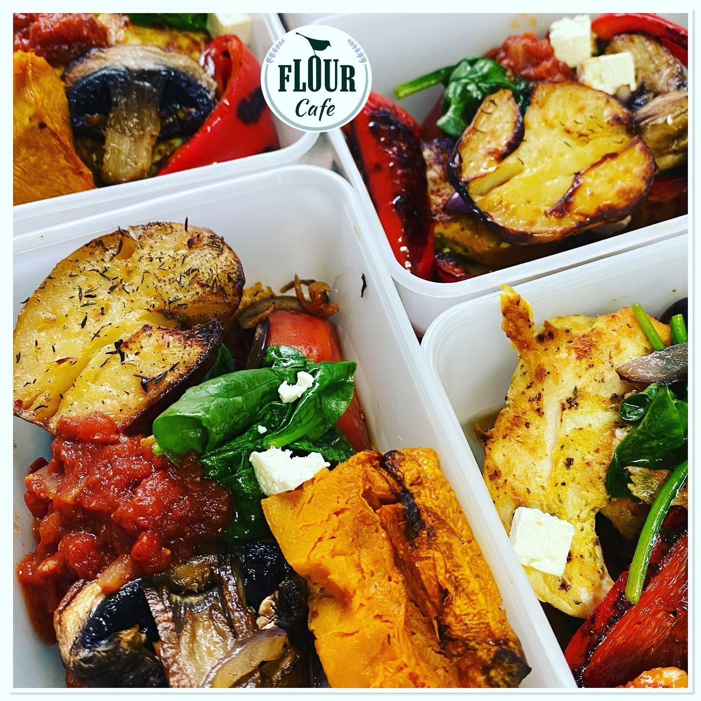 A Multiple Food Containers Filled With Colourful Cooked Vegetables and Feta Cheese — Flour in Yeppoon, QLD