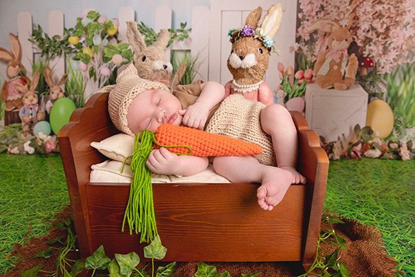 A baby is sleeping in a wooden bed holding a carrot.