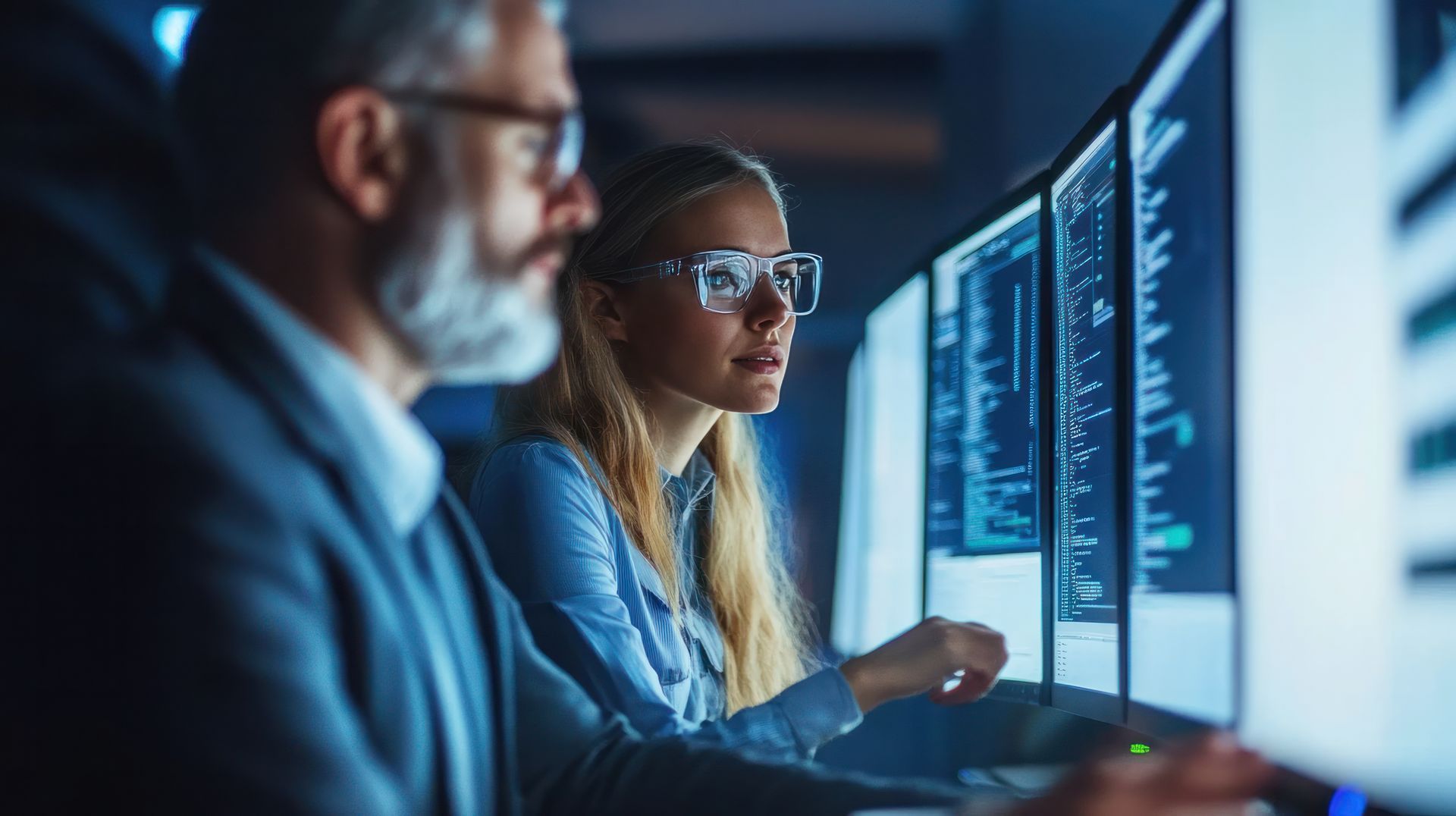 A man and a woman wearing glasses intently look at computer screens in a dimly lit room.
