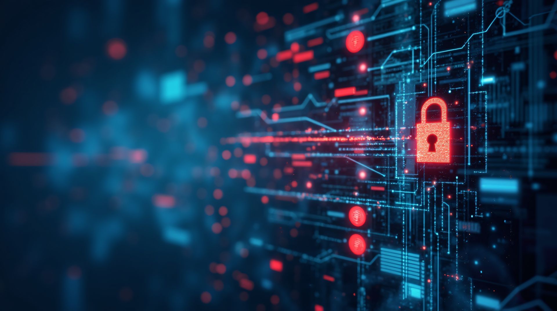 Red glowing lock overlaid on a blue circuit board pattern, symbolizing cybersecurity and data protection.