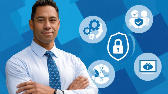 Man in a shirt and tie with arms crossed, surrounded by security and technology icons, on a blue background.