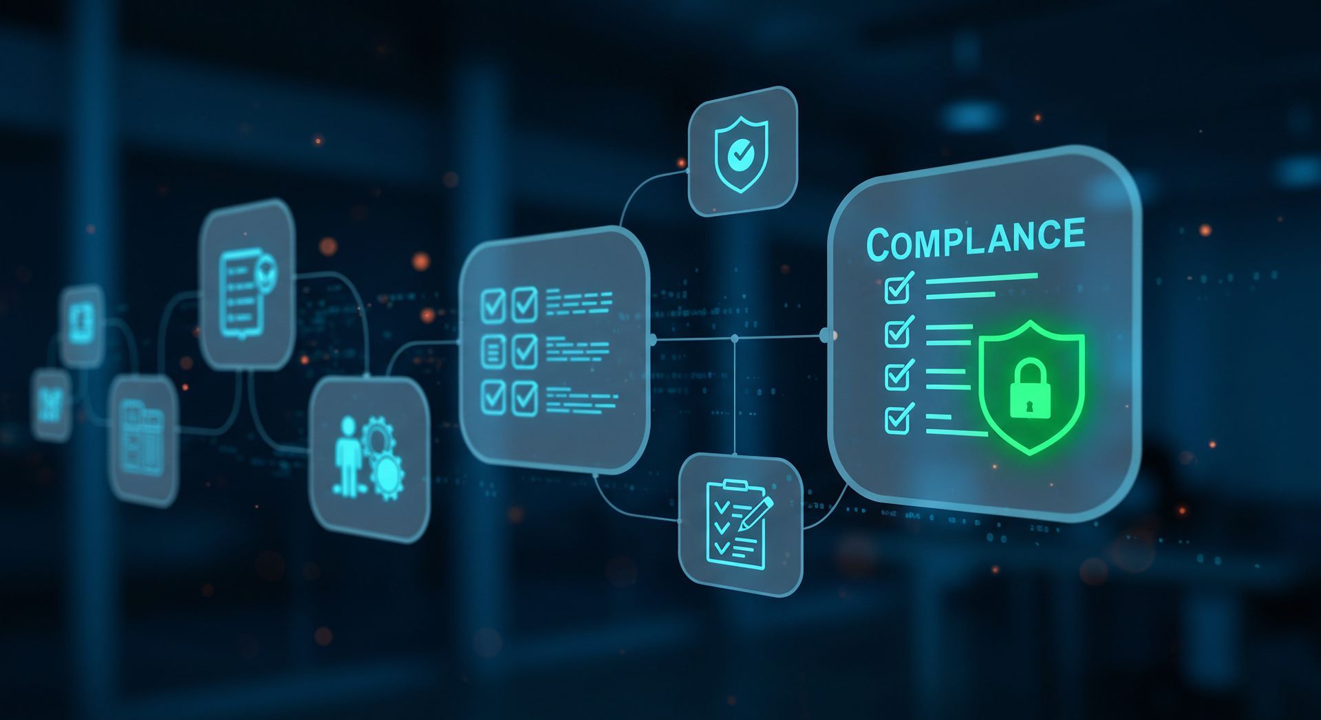Digital graphic of compliance, depicting a shield with a lock, checklist, and connected icons.
