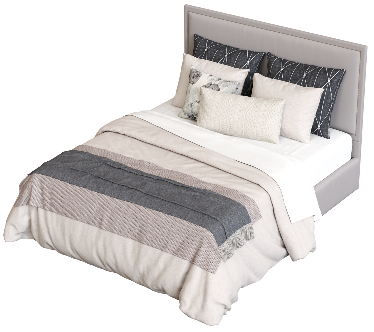 Letto con testiera e cuscini imbottiti grigi, biancheria da letto beige e grigia.