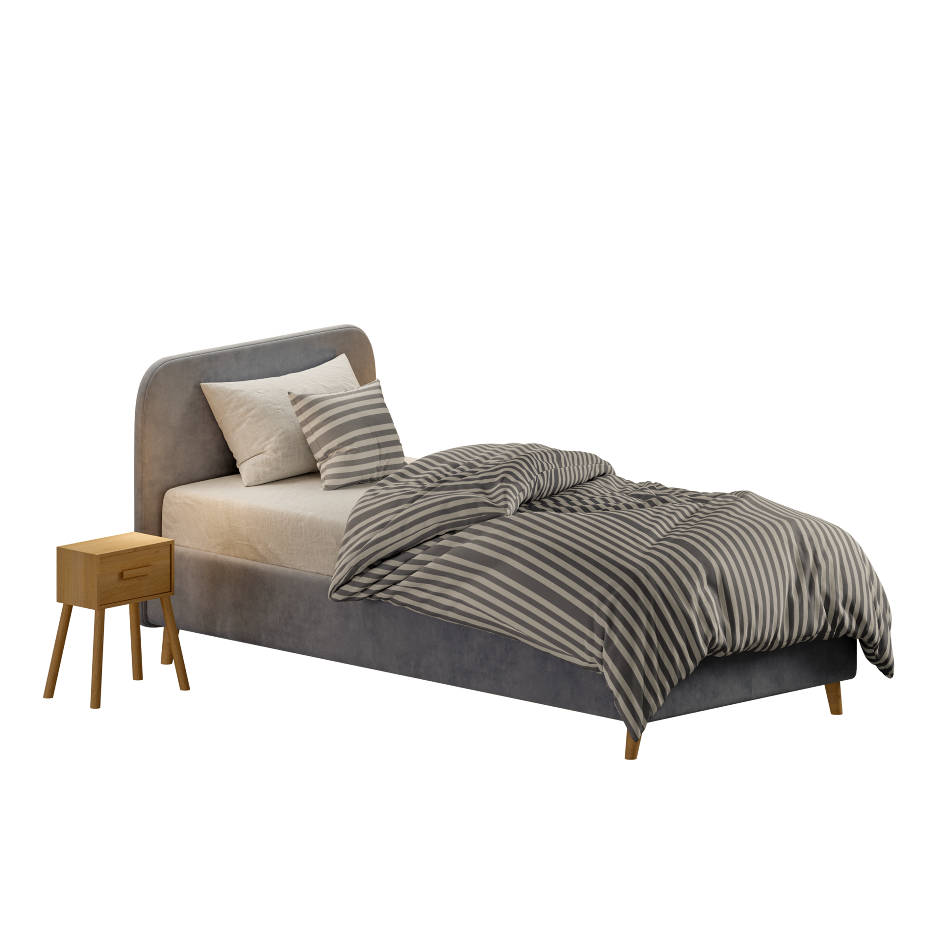 Letto imbottito grigio con piumone a righe, cuscini e comodino in legno.