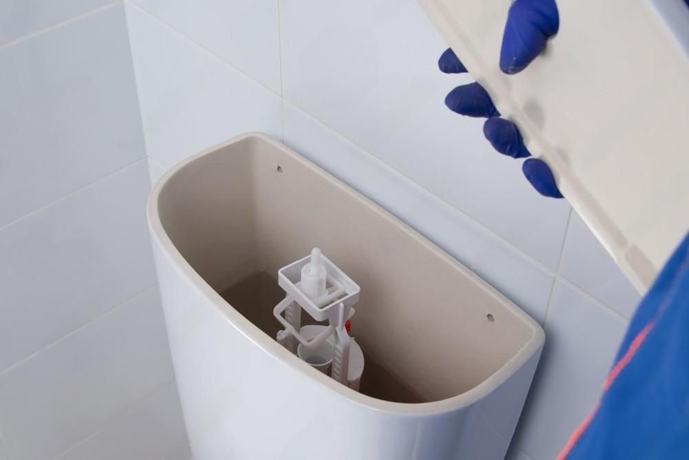 a person wearing blue gloves is cleaning a toilet tank .