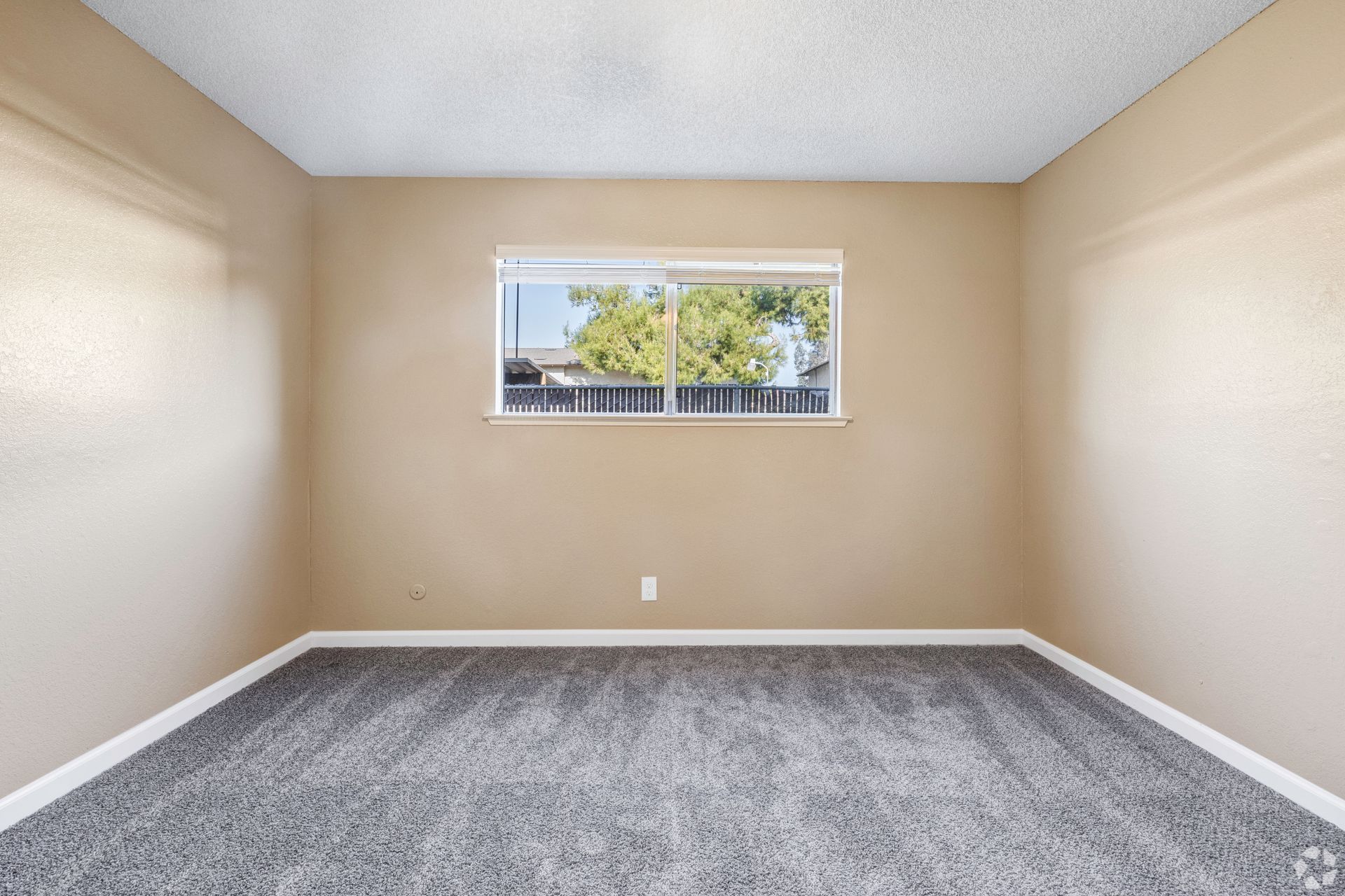 Empty room with beige walls, gray carpet, and a window overlooking trees.