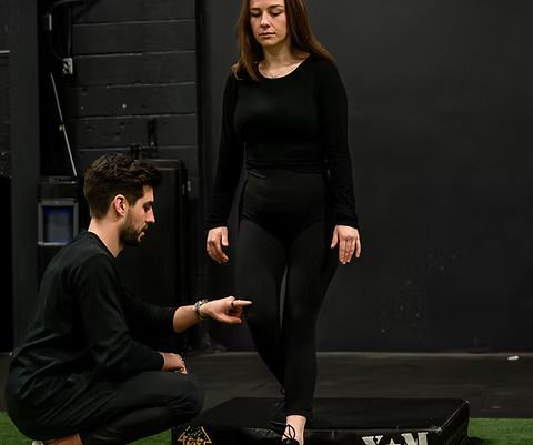 A man is kneeling down next to a woman who is standing on a box.