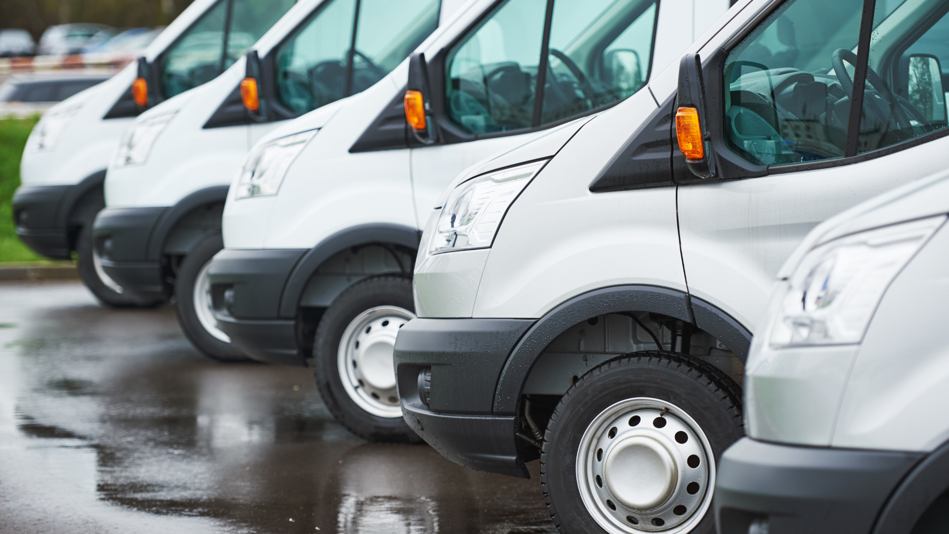 A line of white vans parked on a wet, asphalt surface.