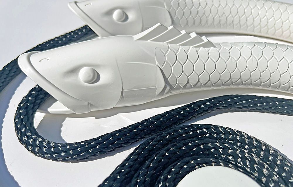 A pair of white fish on a blue rope