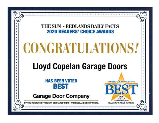 Best Redlands Garage Door Company Award  - The Sun - Redlands Daily Facts 2020 Readers Choice Awards