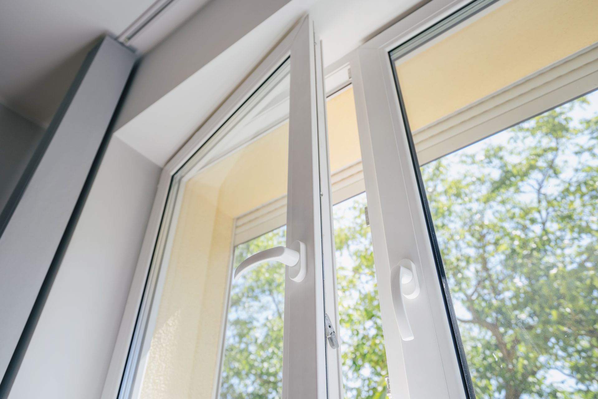 Open white window with sunlight and trees visible outside