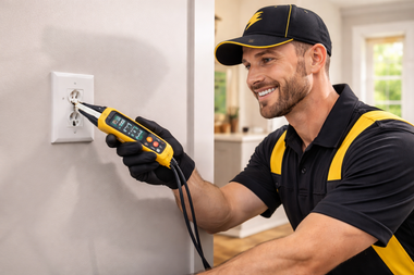 A technician wearing a black and yellow uniform tests an electrical outlet with a digital voltage meter.