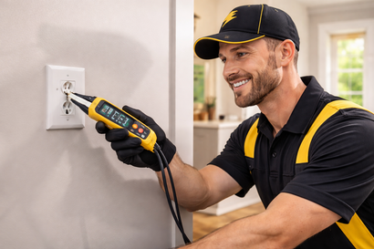 A technician wearing a black and yellow uniform tests an electrical outlet with a digital voltage meter.