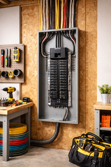 An open electrical service panel mounted on a wood-paneled workshop wall, with wires entering from above and below.