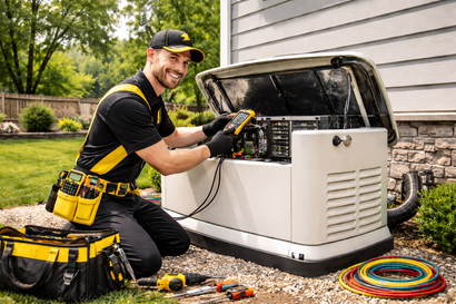 A technician in a uniform and cap kneels outdoors, inspecting an open residential standby generator with a multimeter.