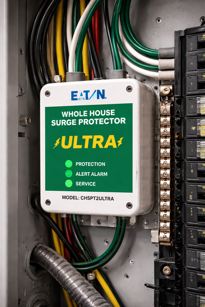 An Eaton Ultra whole-house surge protector installed inside an electrical service panel with visible wiring.