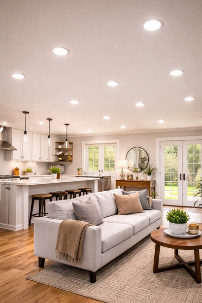 A cozy, open-concept living room and kitchen featuring a light gray sofa, wooden floors, white cabinets, and bright lights.