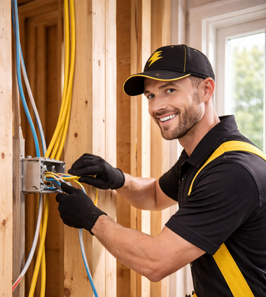 A smiling electrician in a black uniform and gloves works on electrical wiring inside a wall frame.