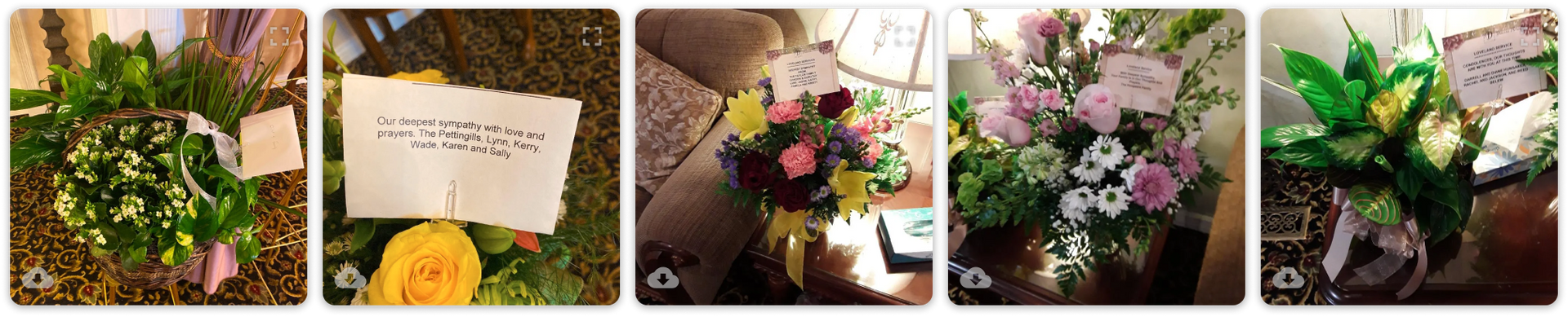 Five-panel collage of flower bouquets and a handwritten note on a decorative table setting