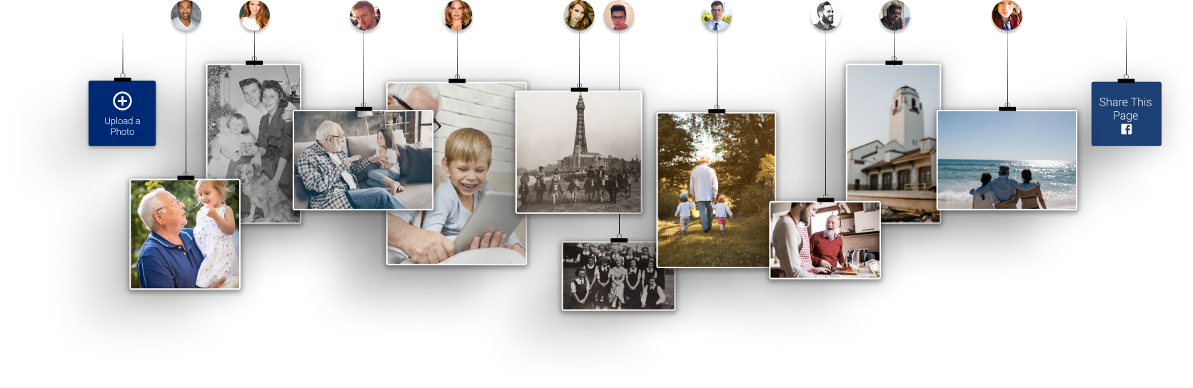 A collage of hanging family photos and decorative ornaments on a white background.