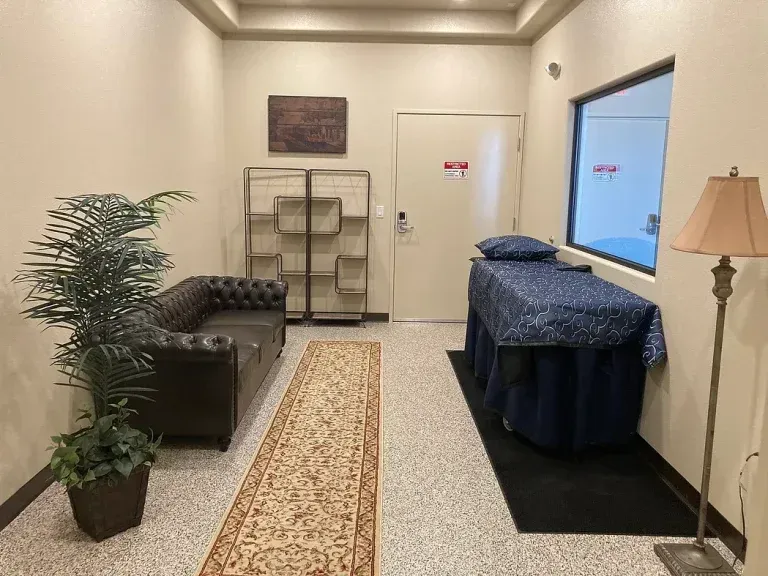 Spa room with massage table, leather chair, plant, lamp, and small shelving unit.