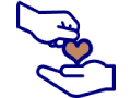Two blue outlined hands passing a brown heart icon between them