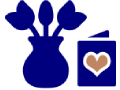 Blue icon of flowers in a vase beside a jar with a heart label