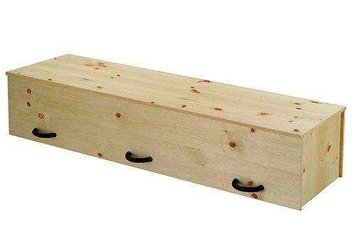 Light wooden coffin with black handles on a white background