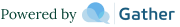 Powered by Gather logo with blue speech bubble icon and text on white background