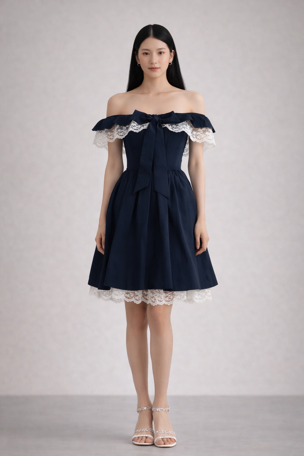 Swan Navy Lace Off-Shoulder Corset Dress