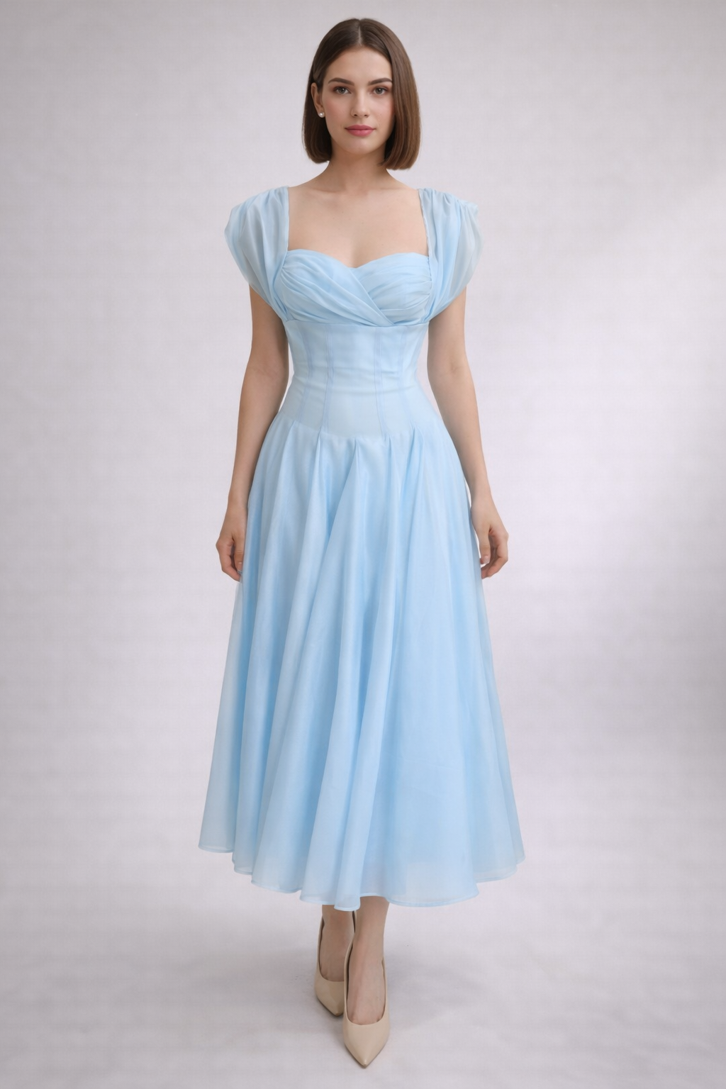 Swan Draped Coset Baby Blue Midi Dress