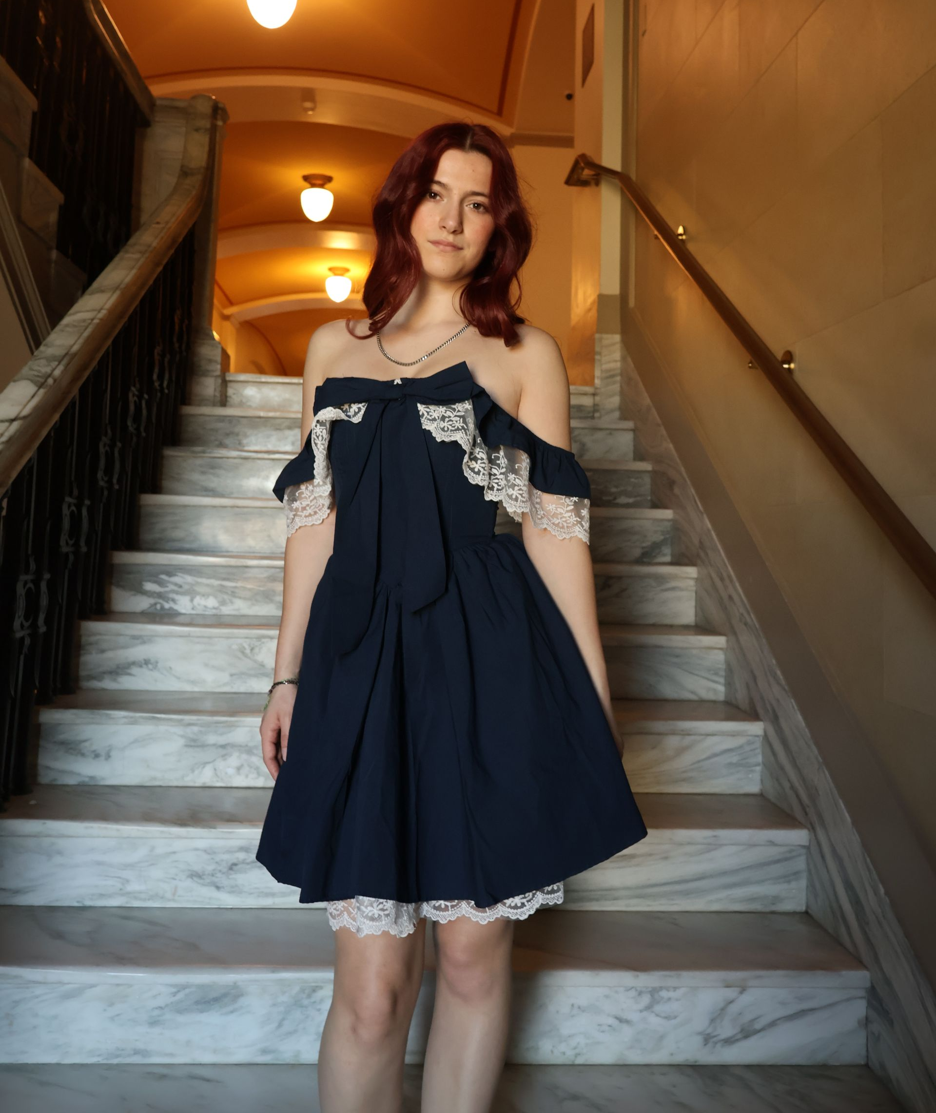 Swan Navy Lace Off-Shoulder Corset Dress