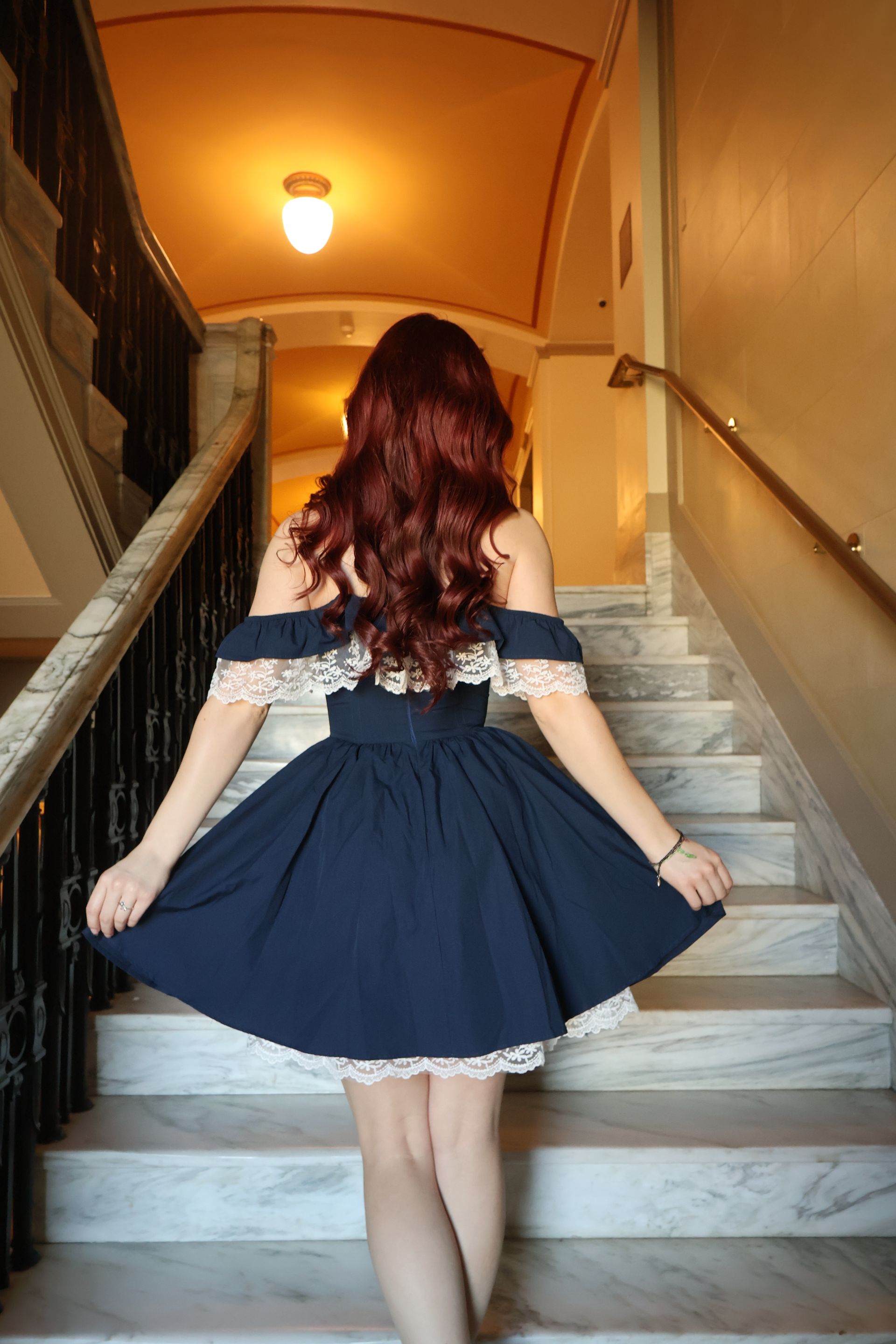 Swan Navy Lace Off-Shoulder Corset Dress