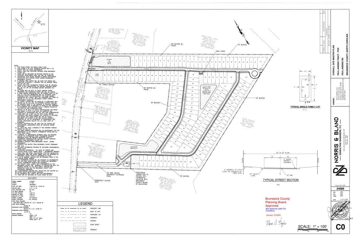 A black and white architectural site plan of a property, showing buildings, roads, and landscape details.