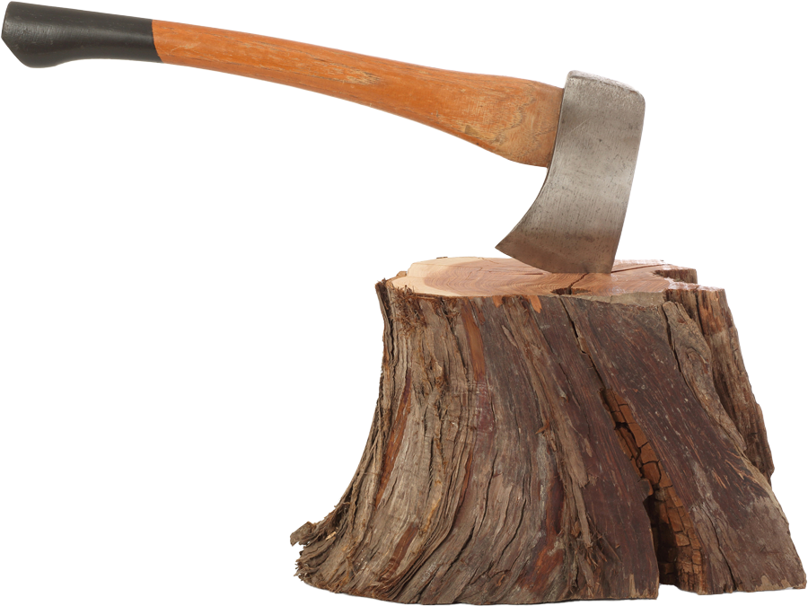 Axe on a piece of tree stump.