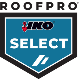 The logo for roofpro iko select is a blue and black shield.