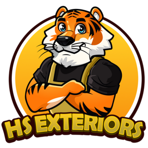A logo for hs exteriors with a cartoon tiger