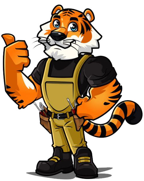 A cartoon tiger is wearing overalls and giving a thumbs up.