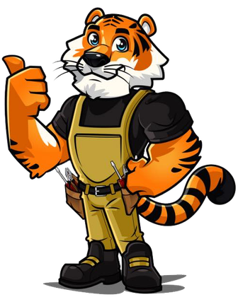 A cartoon tiger is wearing overalls and giving a thumbs up.