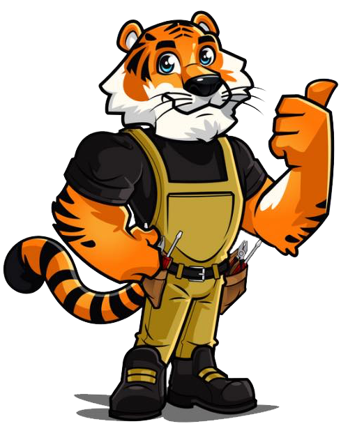 A cartoon tiger in overalls is giving a thumbs up.