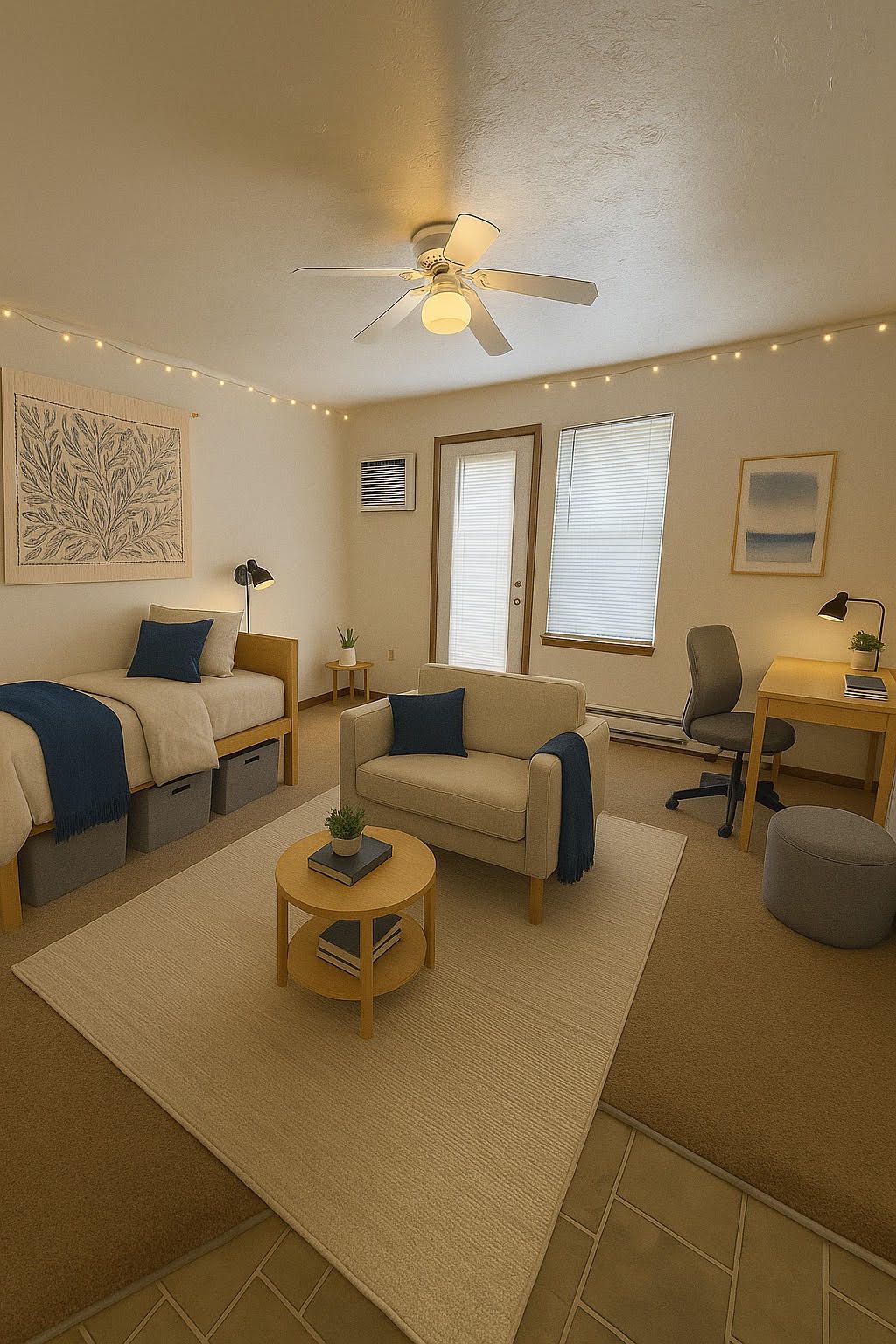 A bedroom with two beds , a couch , a desk and a ceiling fan.