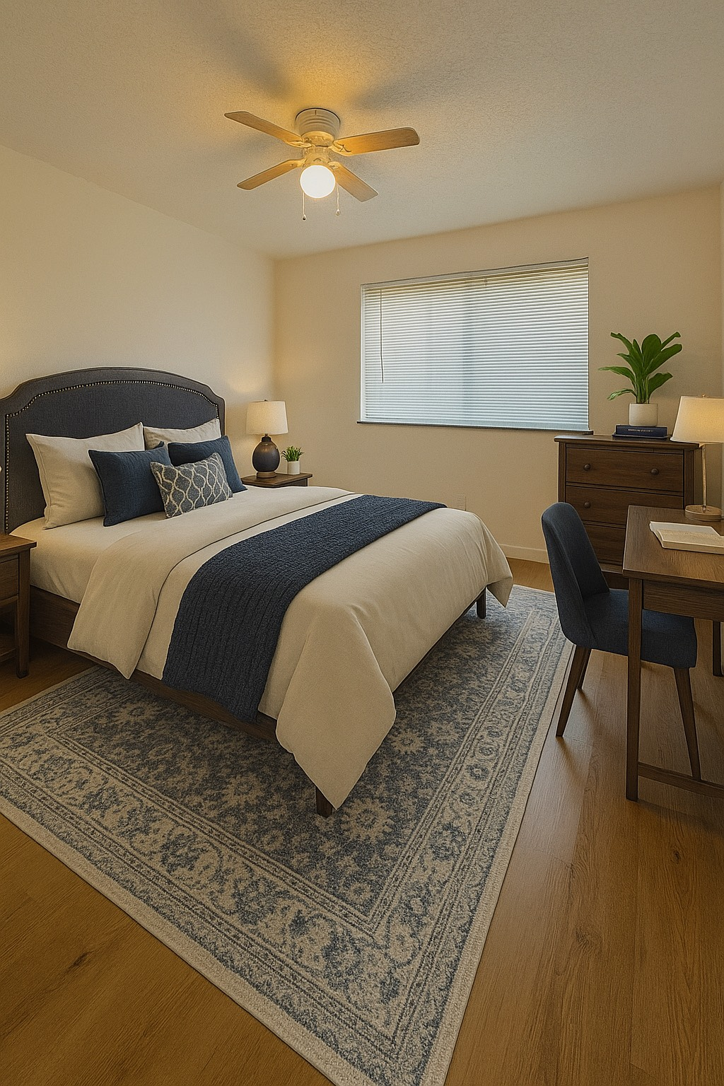 A bedroom with a bed , desk , chair and ceiling fan.