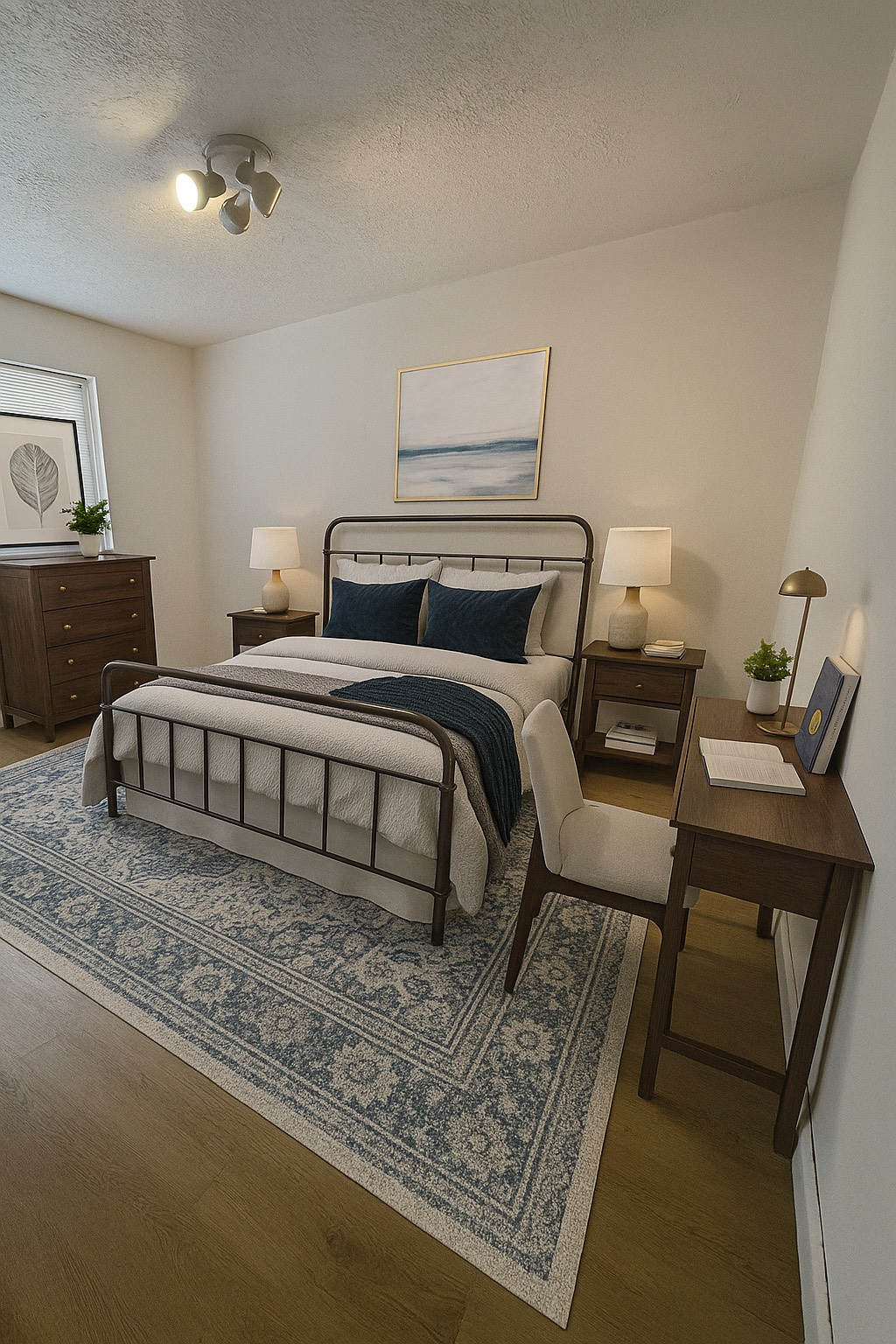 A bedroom with a bed , desk , nightstand and rug.