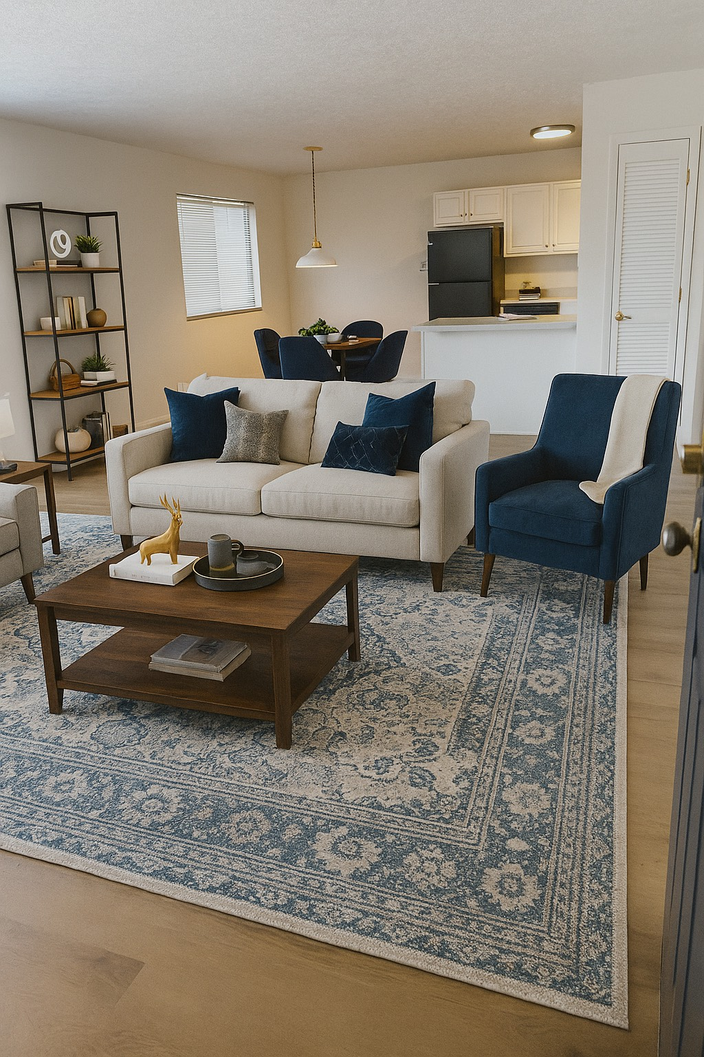 A living room with a couch , chairs , coffee table and rug.