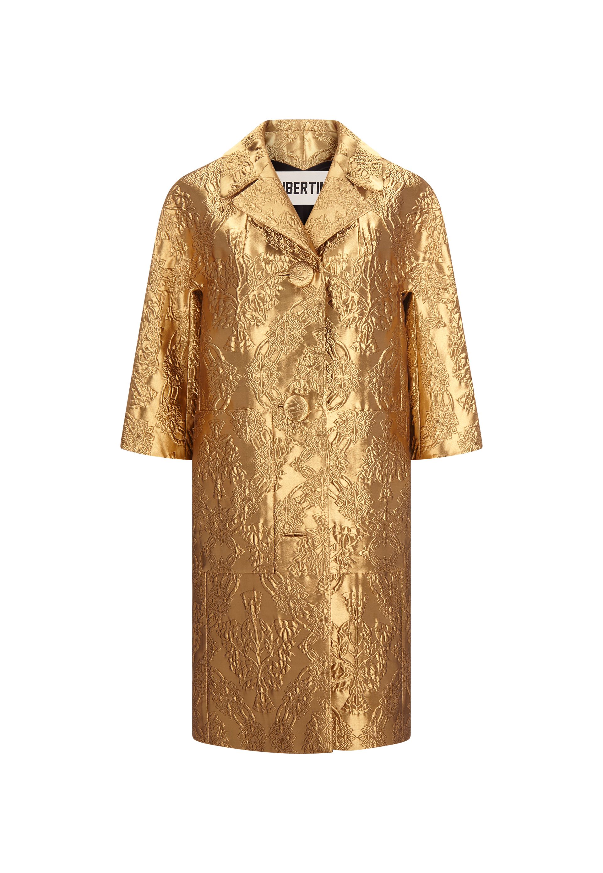 A gold sequined coat with a collar and sleeves on a white background.