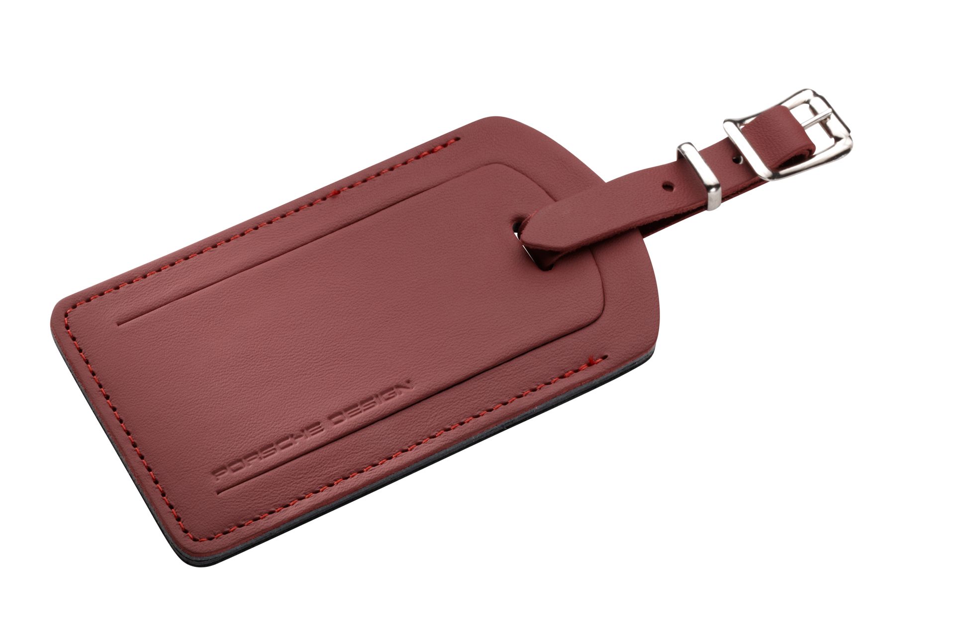 A red leather luggage tag with a silver buckle