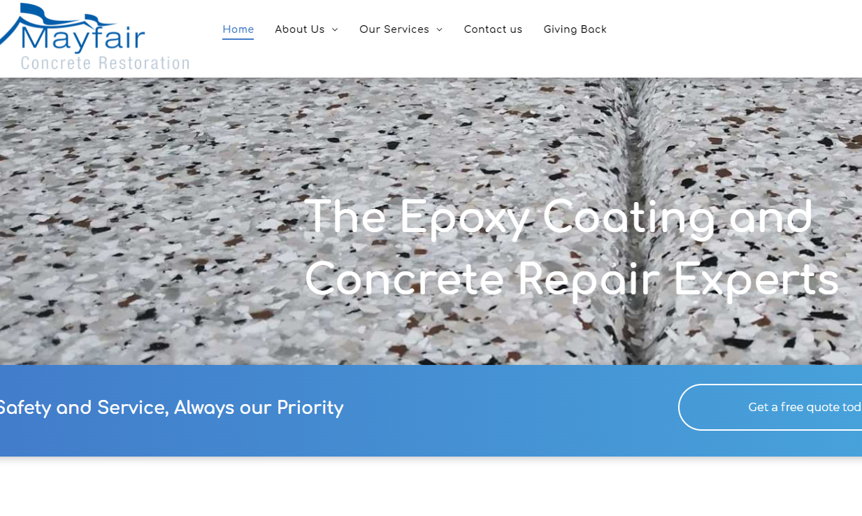 A screenshot of the website for the epoxy coating and concrete repair experts.