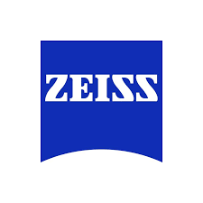 A blue and white logo for zeiss on a white background.